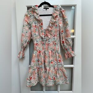 Fore Country Cottagecore Watercolor Floral Ruffle Smocked Mini Dress Size S